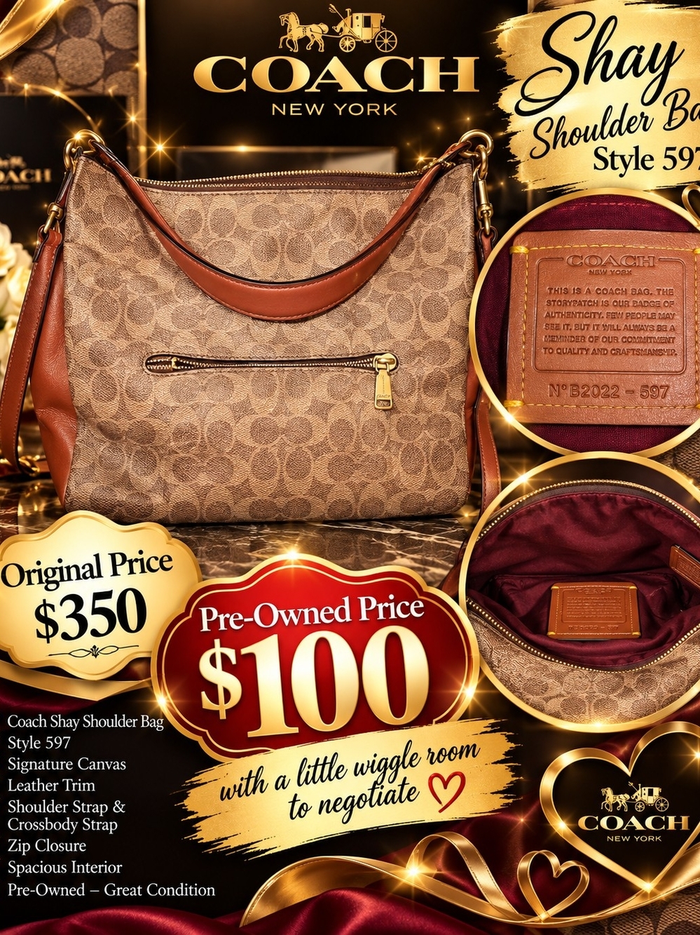 Coach Shay Shoulder Bag in Brown and Tan Signature Canvas